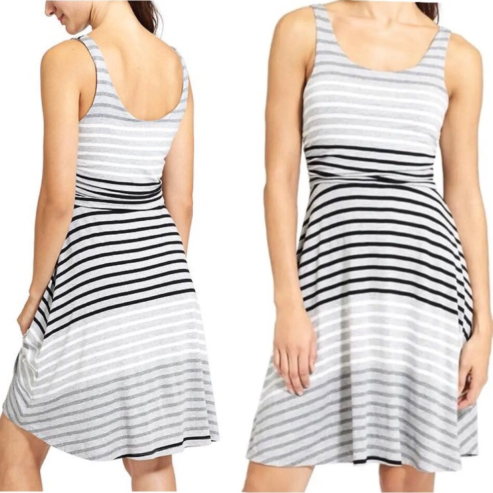 Athleta Santa Maria White Gray Stripe Ruched Sleeveless Knee Length Dress size M